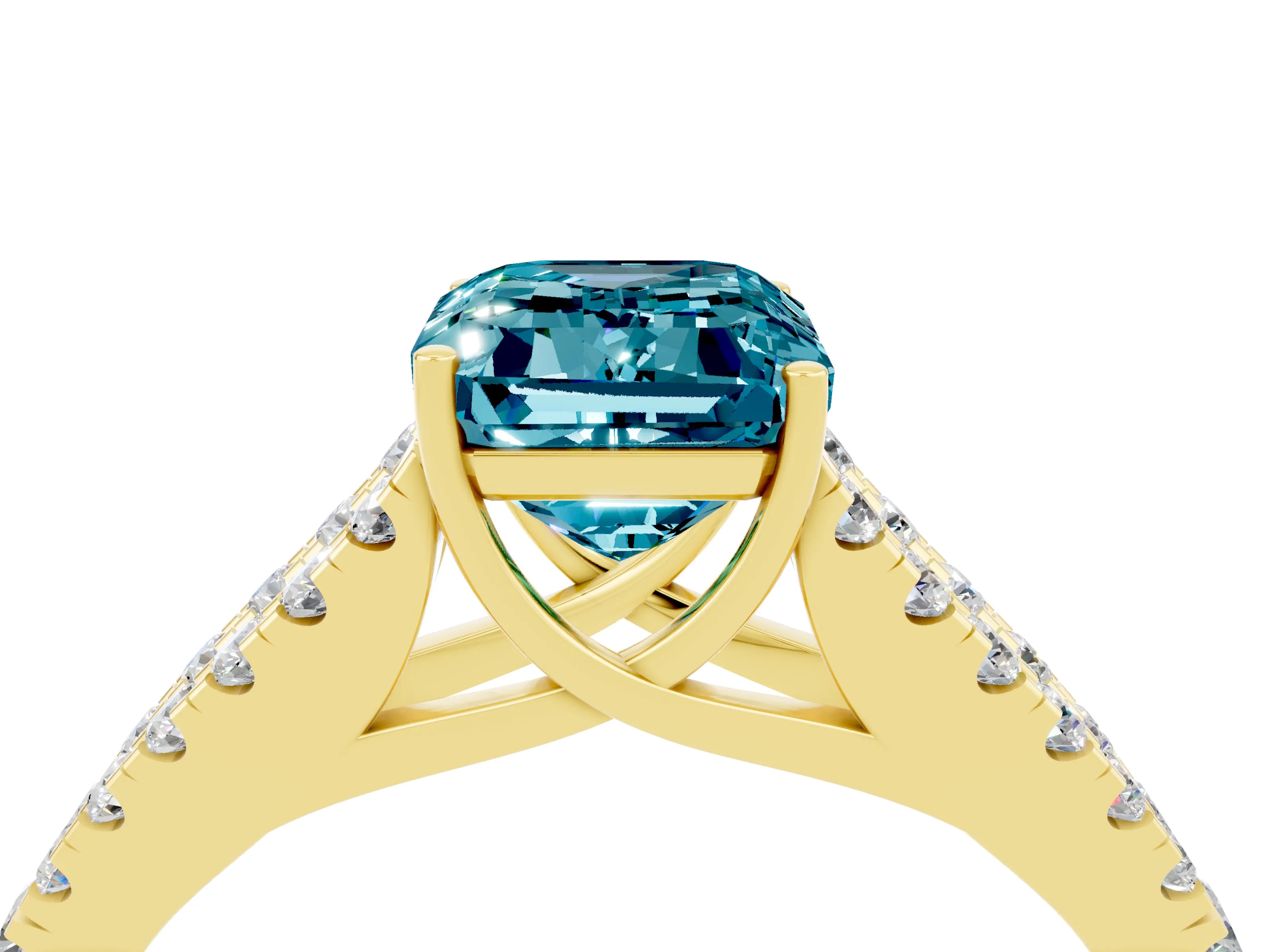 Yellow gold Emerald Cut Blue Topaz Split Shank Pavé Engagement Ring with Four-Prong Setting_16