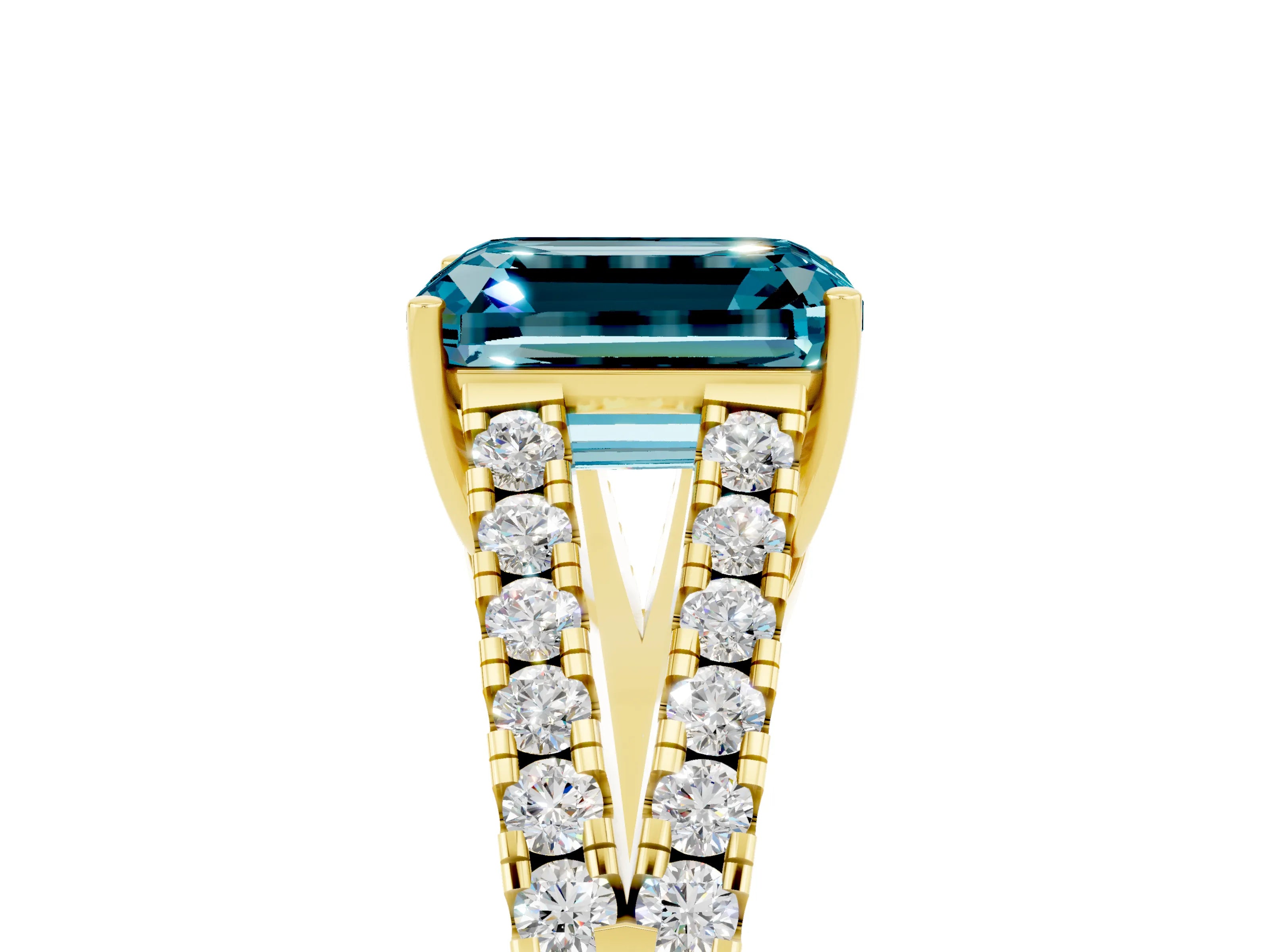 Yellow gold Emerald Cut Blue Topaz Split Shank Pavé Engagement Ring with Four-Prong Setting_17
