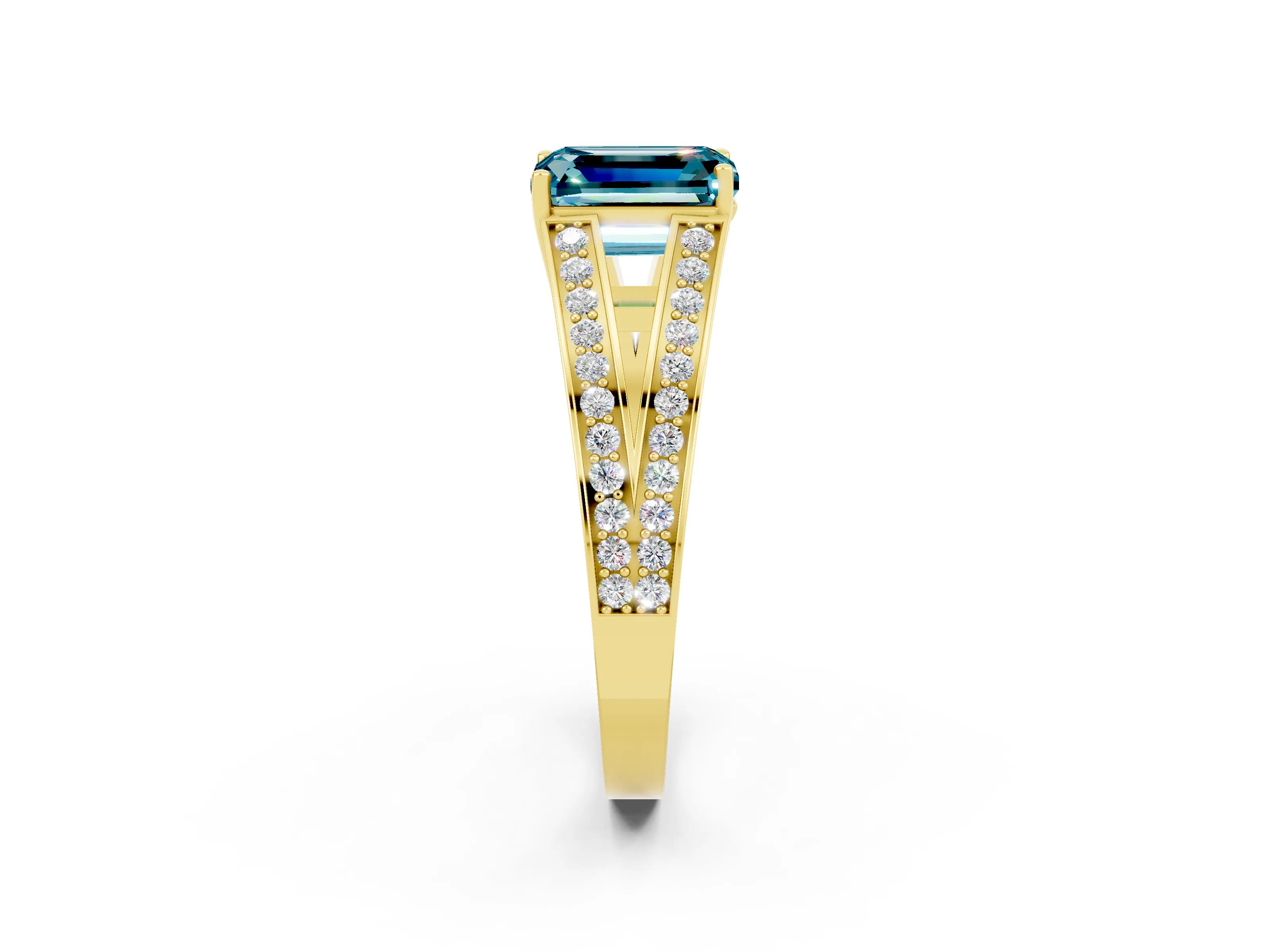 Yellow gold Emerald Cut Blue Topaz Split Shank Ring with Pavé Band and Four-Prong Setting_2
