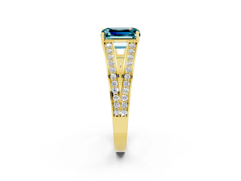 Yellow gold Emerald Cut Blue Topaz Split Shank Ring with Pavé Band and Four-Prong Setting_2