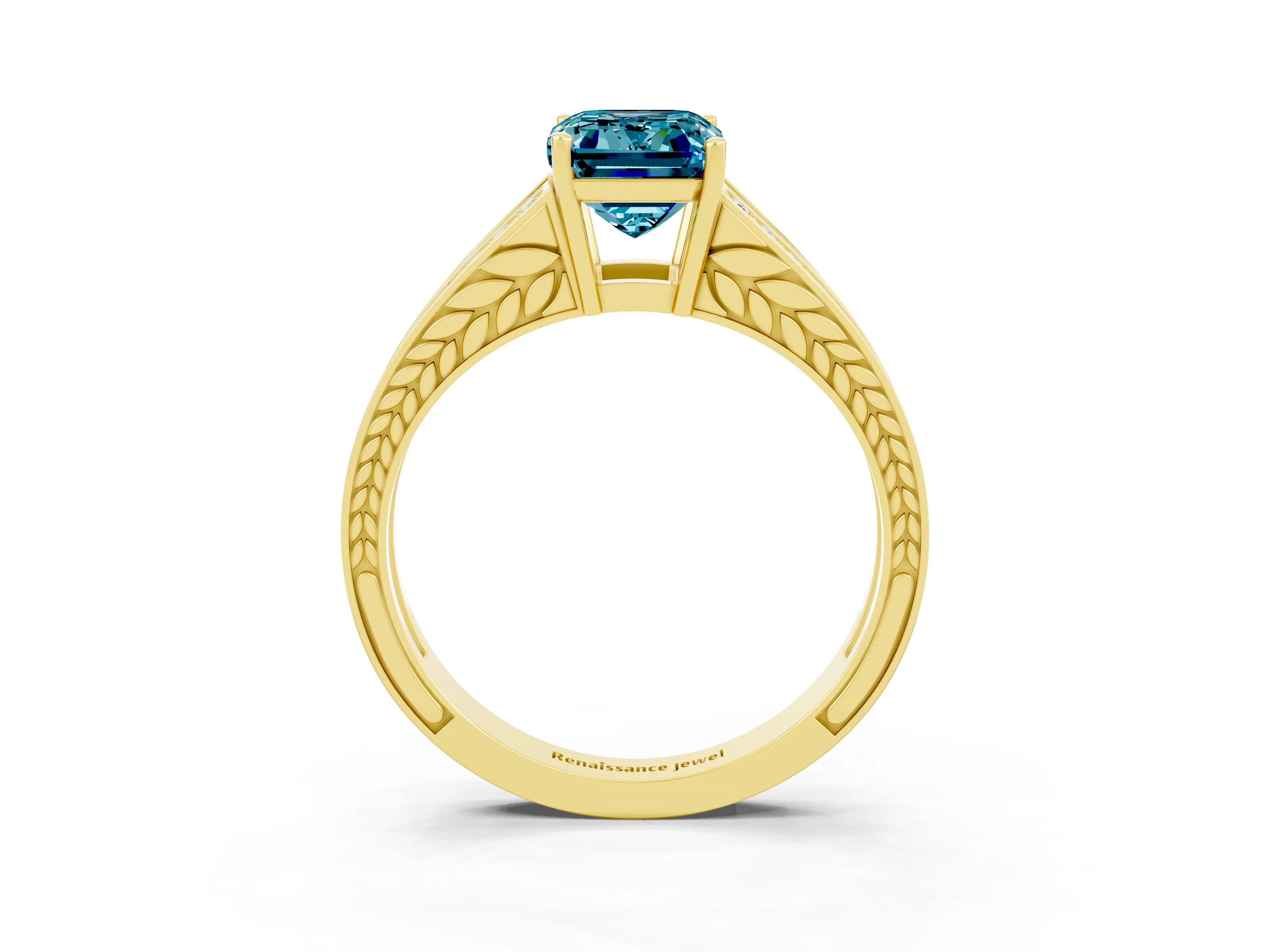 Yellow gold Emerald Cut Blue Topaz Split Shank Ring with Pavé Band and Four-Prong Setting_3