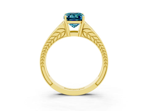 Yellow gold Emerald Cut Blue Topaz Split Shank Ring with Pavé Band and Four-Prong Setting_3