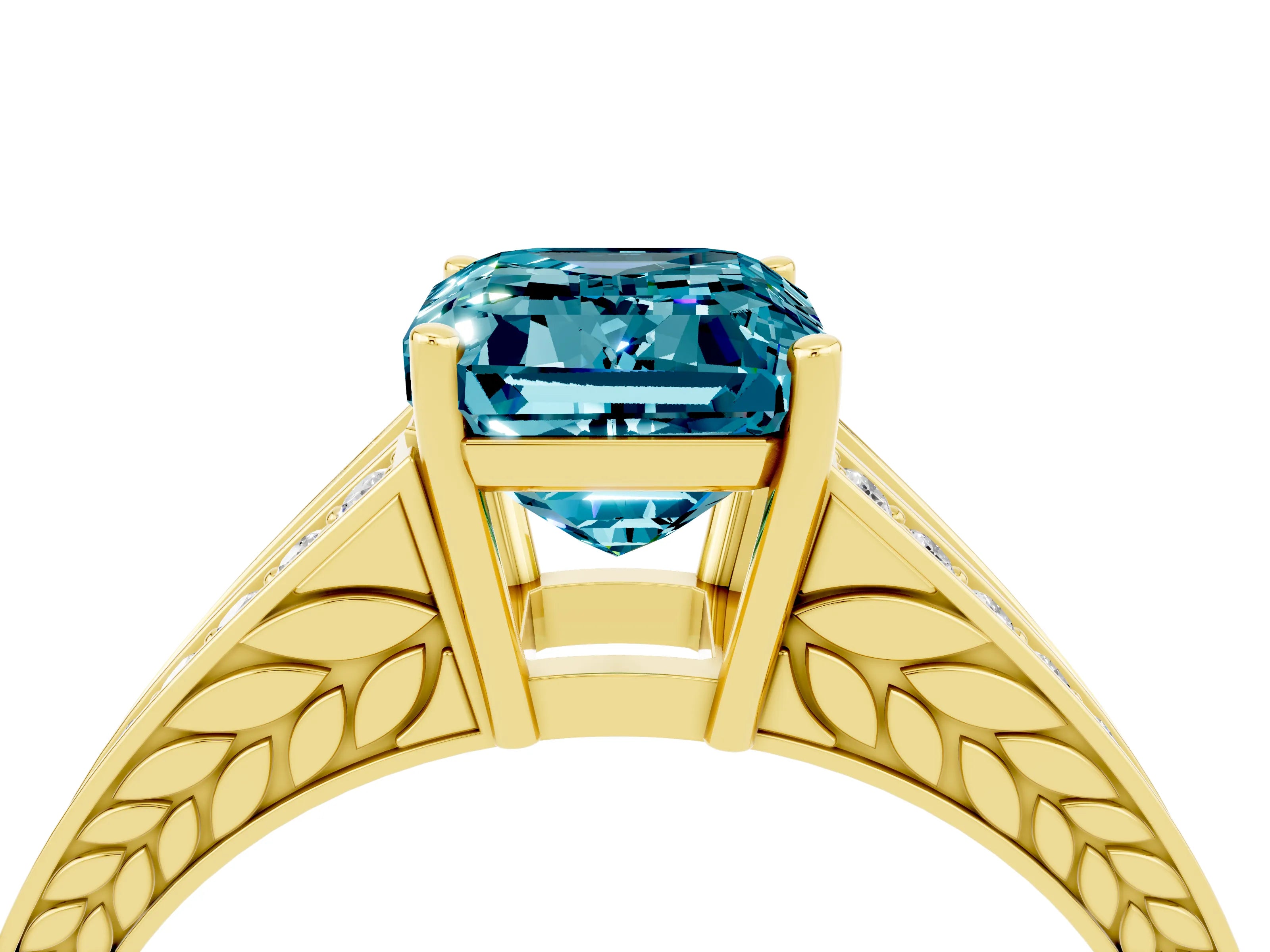 Yellow gold Emerald Cut Blue Topaz Split Shank Ring with Pavé Band and Four-Prong Setting_4