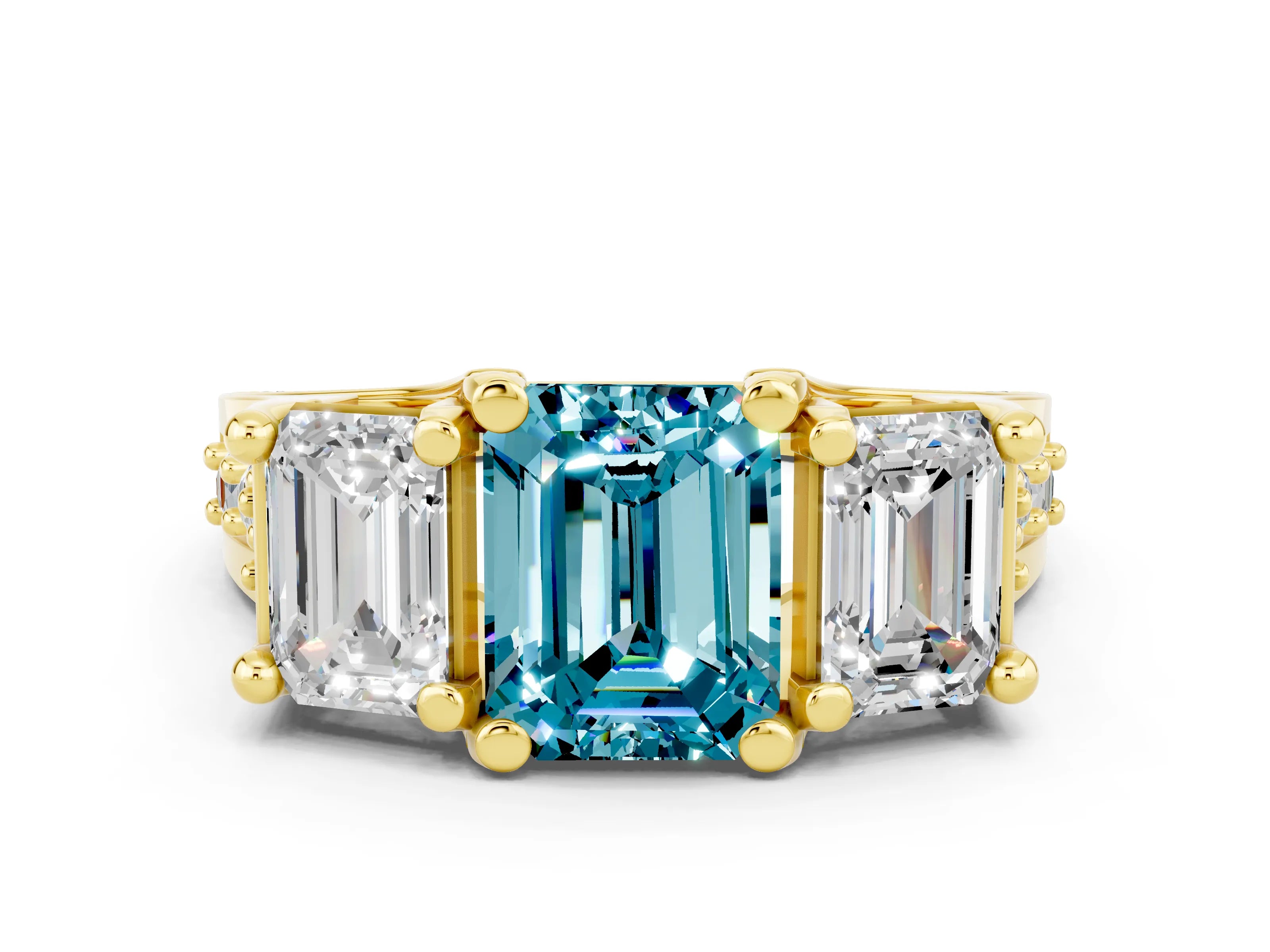 Yellow gold Emerald Cut Blue Topaz Three-Stone Ring with Channel Set Band and Four-Prong Setting