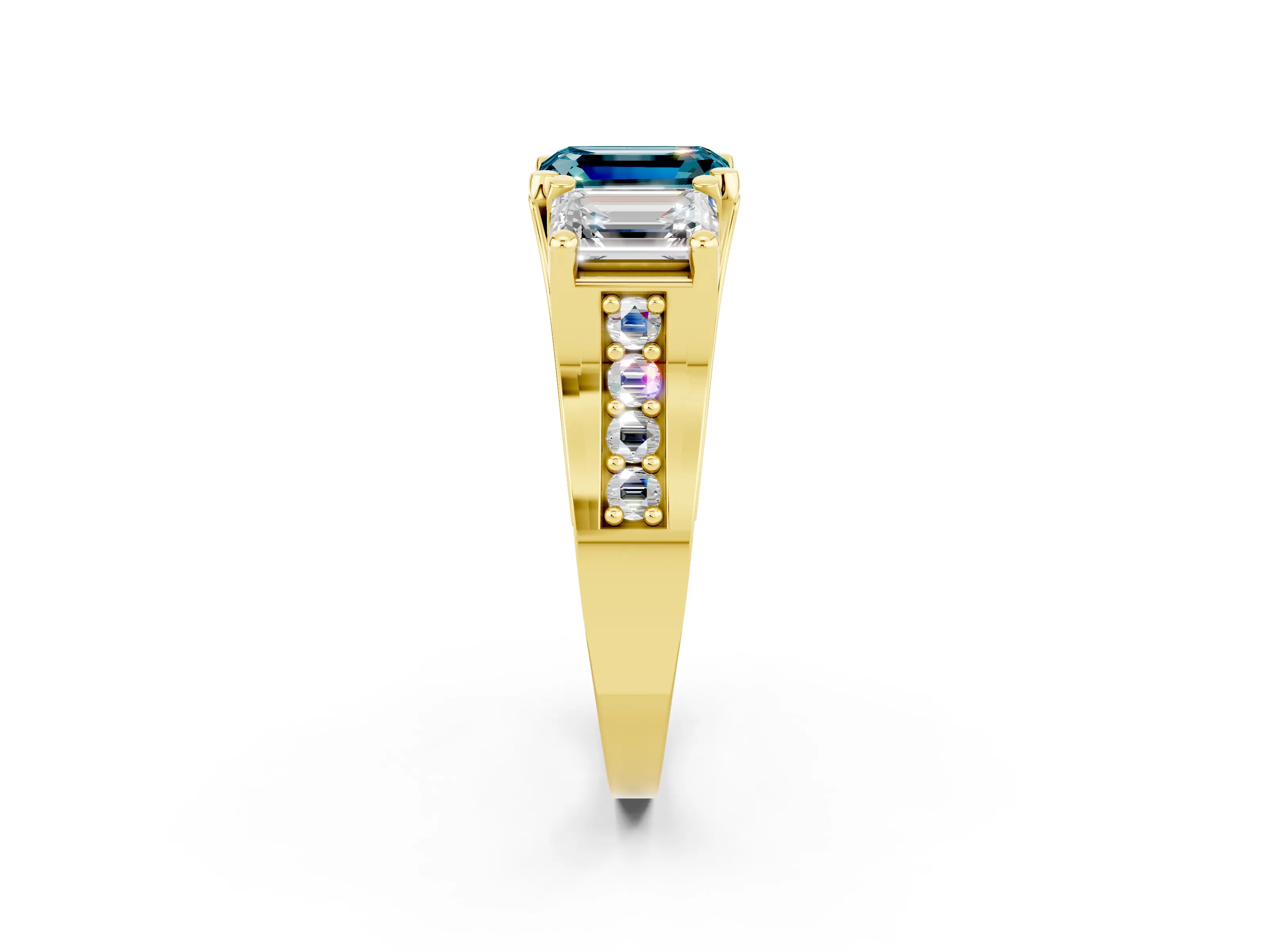 Yellow gold Emerald Cut Blue Topaz Three-Stone Ring with Channel Set Band and Four-Prong Setting_2