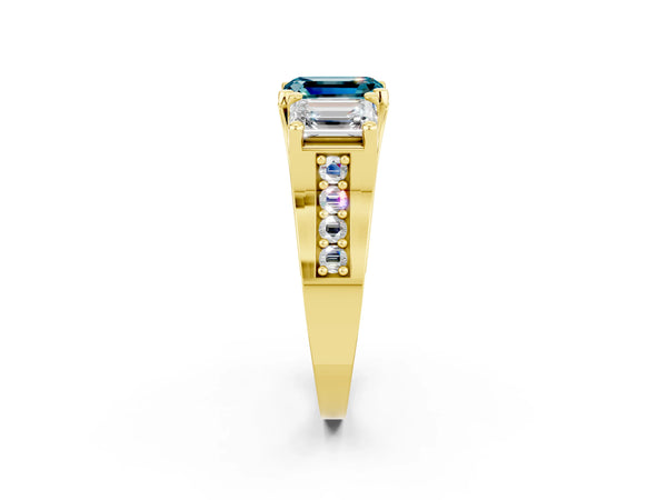 Yellow gold Emerald Cut Blue Topaz Three-Stone Ring with Channel Set Band and Four-Prong Setting