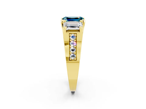 Yellow gold Emerald Cut Blue Topaz Three-Stone Ring with Channel Set Band and Four-Prong Setting_2