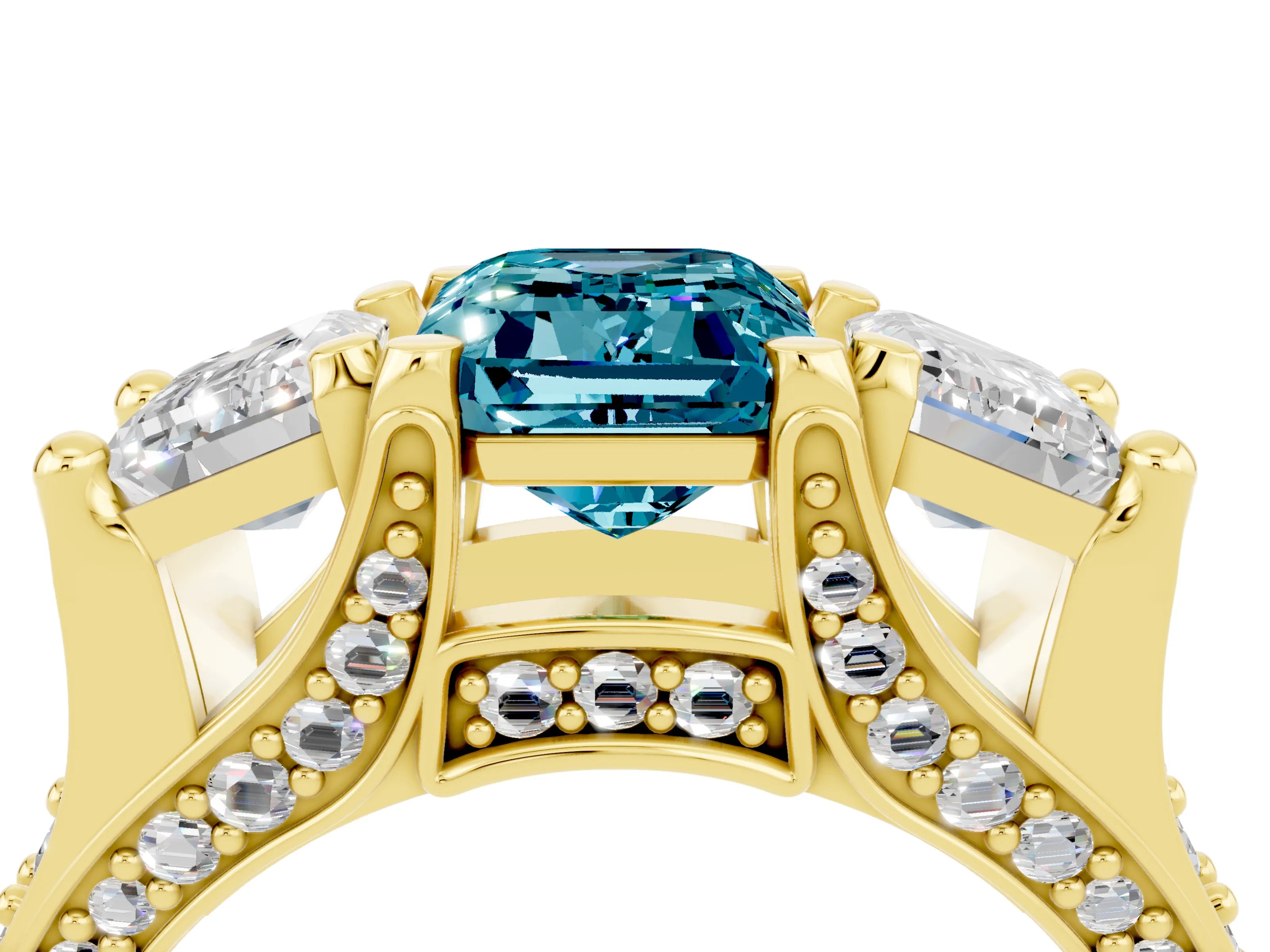 Yellow gold Emerald Cut Blue Topaz Three-Stone Ring with Channel Set Band and Four-Prong Setting_4