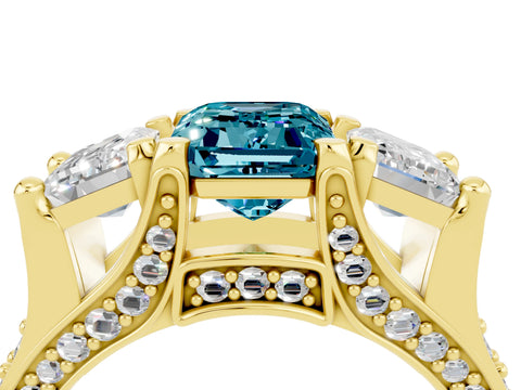 Yellow gold Emerald Cut Blue Topaz Three-Stone Ring with Channel Set Band and Four-Prong Setting_4
