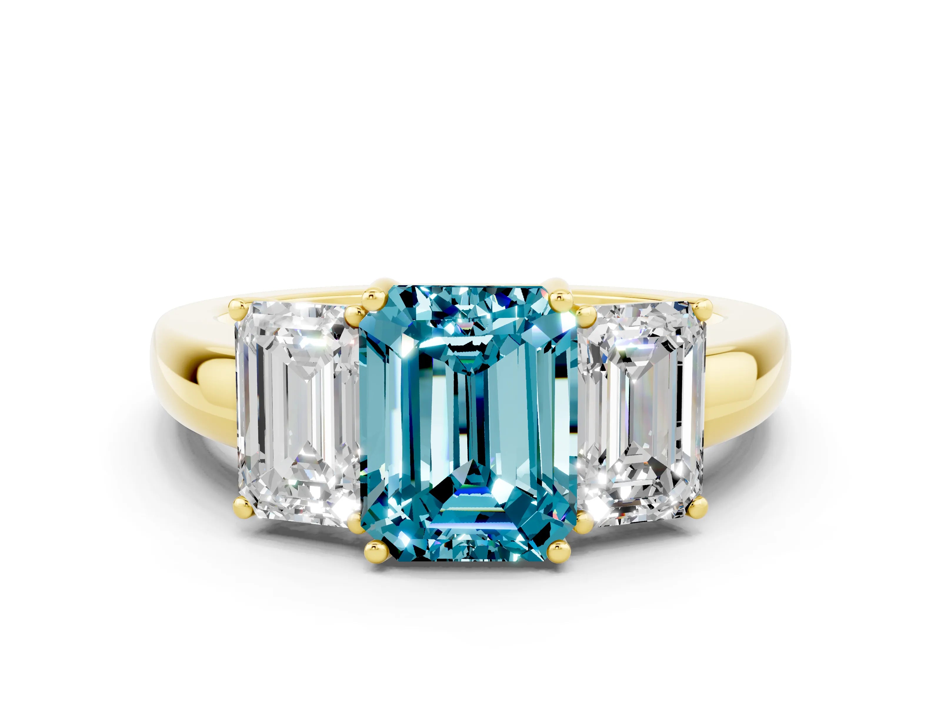 Yellow gold Emerald Cut Blue Topaz Three-Stone Ring with Four-Prong Setting and Classic Band