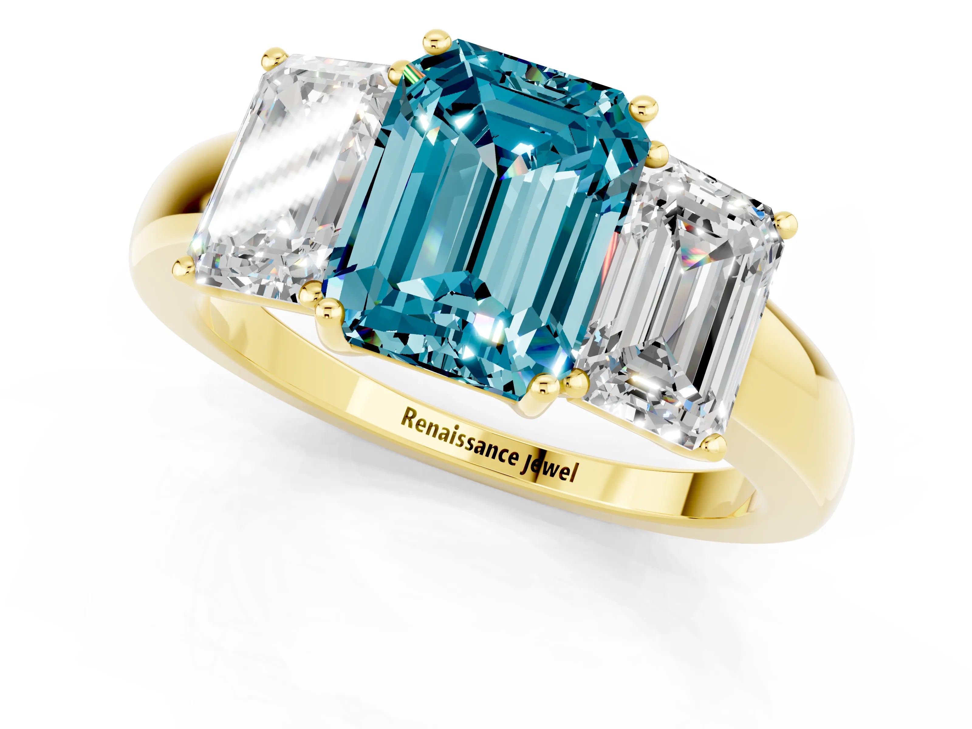 Yellow gold Emerald Cut Blue Topaz Three-Stone Ring with Four-Prong Setting and Classic Band_1
