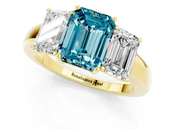 Yellow gold Emerald Cut Blue Topaz Three-Stone Ring with Four-Prong Setting and Classic Band