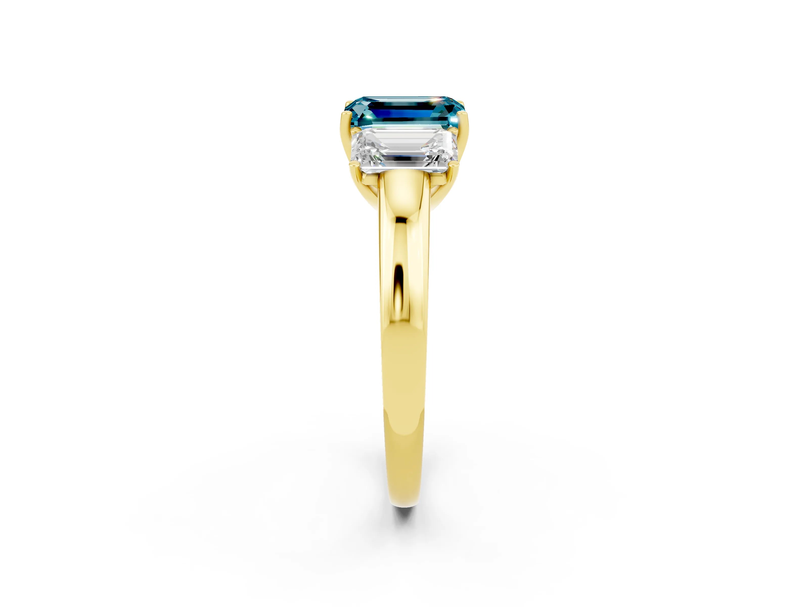 Yellow gold Emerald Cut Blue Topaz Three-Stone Ring with Four-Prong Setting and Classic Band_2