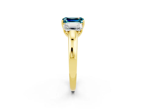 Yellow gold Emerald Cut Blue Topaz Three-Stone Ring with Four-Prong Setting and Classic Band_2