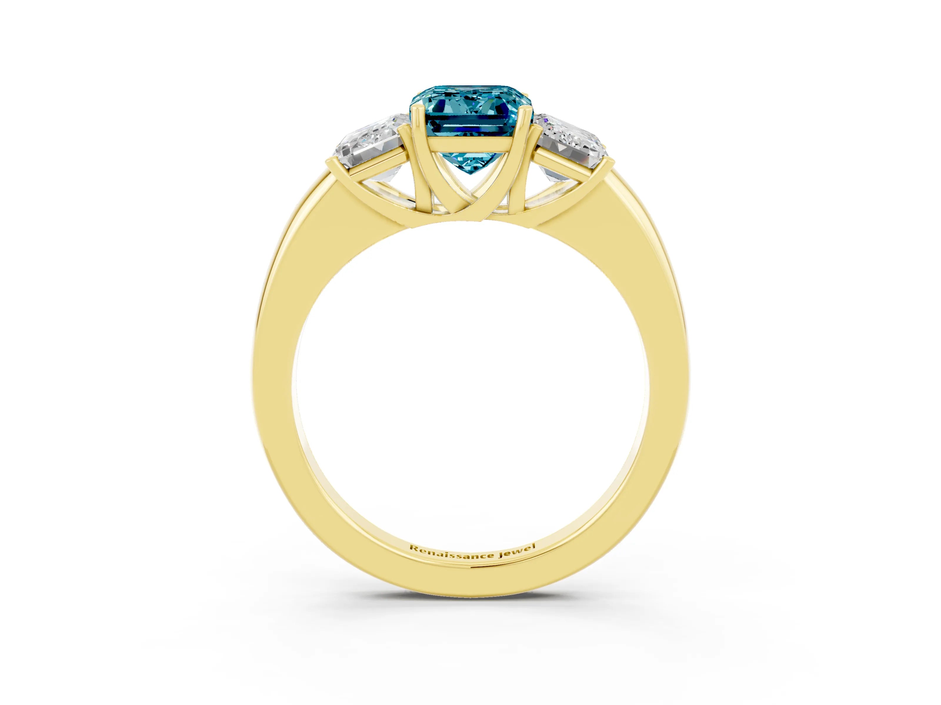 Yellow gold Emerald Cut Blue Topaz Three-Stone Ring with Four-Prong Setting and Classic Band_3