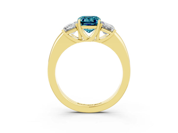 Yellow gold Emerald Cut Blue Topaz Three-Stone Ring with Four-Prong Setting and Classic Band