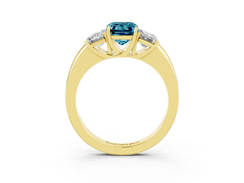 Yellow gold Emerald Cut Blue Topaz Three-Stone Ring with Four-Prong Setting and Classic Band_3