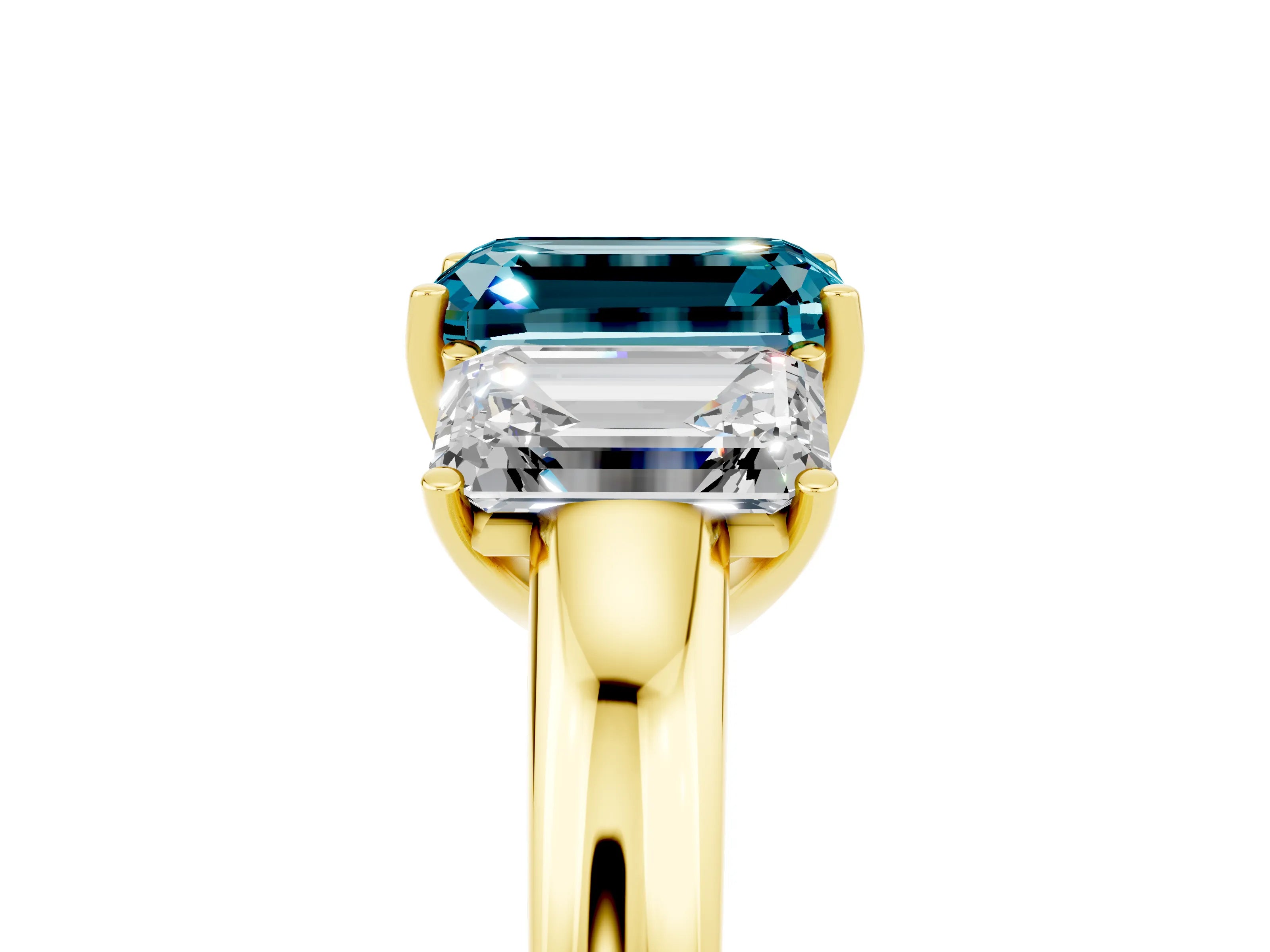 Yellow gold Emerald Cut Blue Topaz Three-Stone Ring with Four-Prong Setting and Classic Band_5