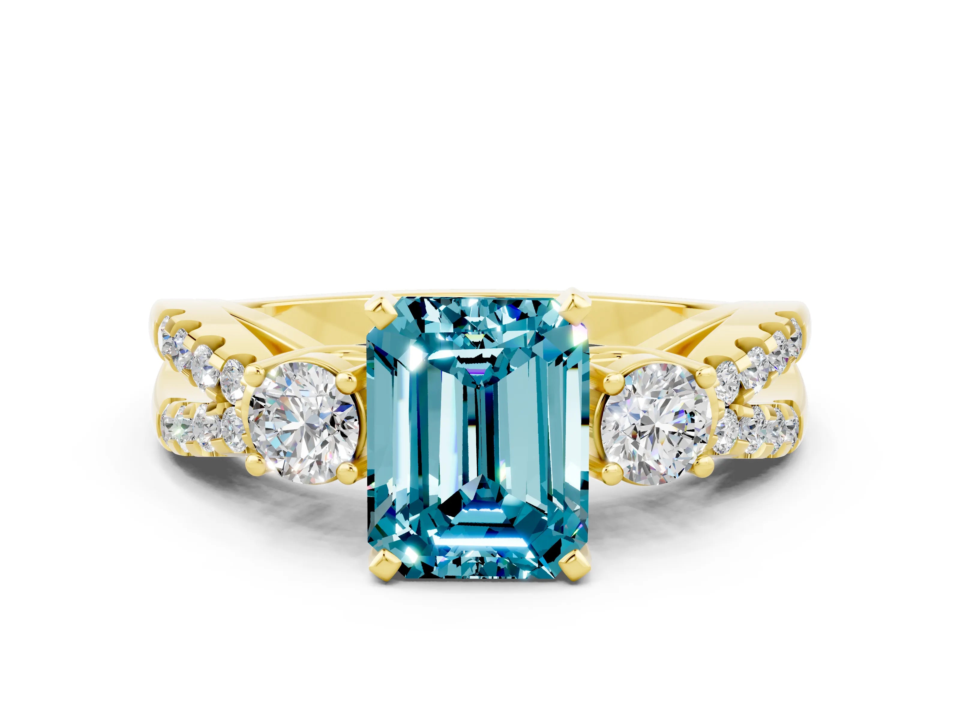 Yellow gold Emerald Cut Blue Topaz Three-Stone Ring with Pavé Split Shank and Four-Prong Setting