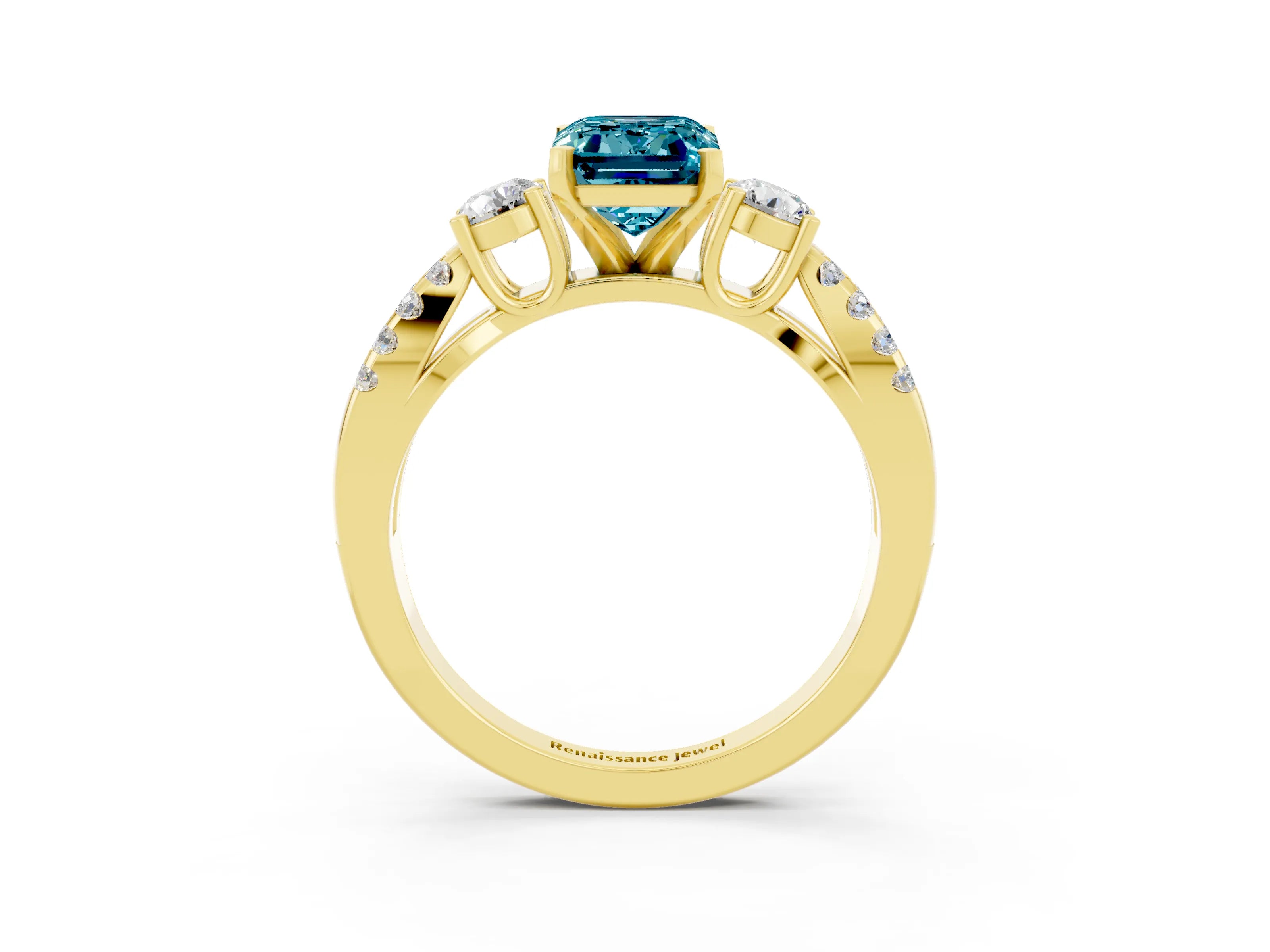 Yellow gold Emerald Cut Blue Topaz Three-Stone Ring with Pavé Split Shank and Four-Prong Setting_3