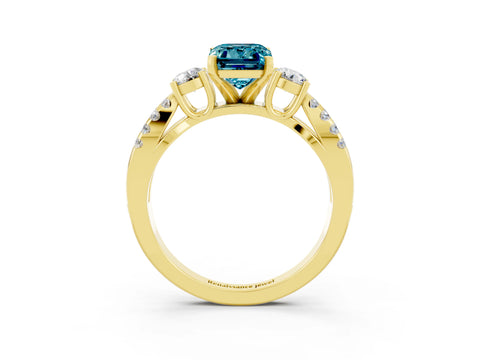 Yellow gold Emerald Cut Blue Topaz Three-Stone Ring with Pavé Split Shank and Four-Prong Setting_3