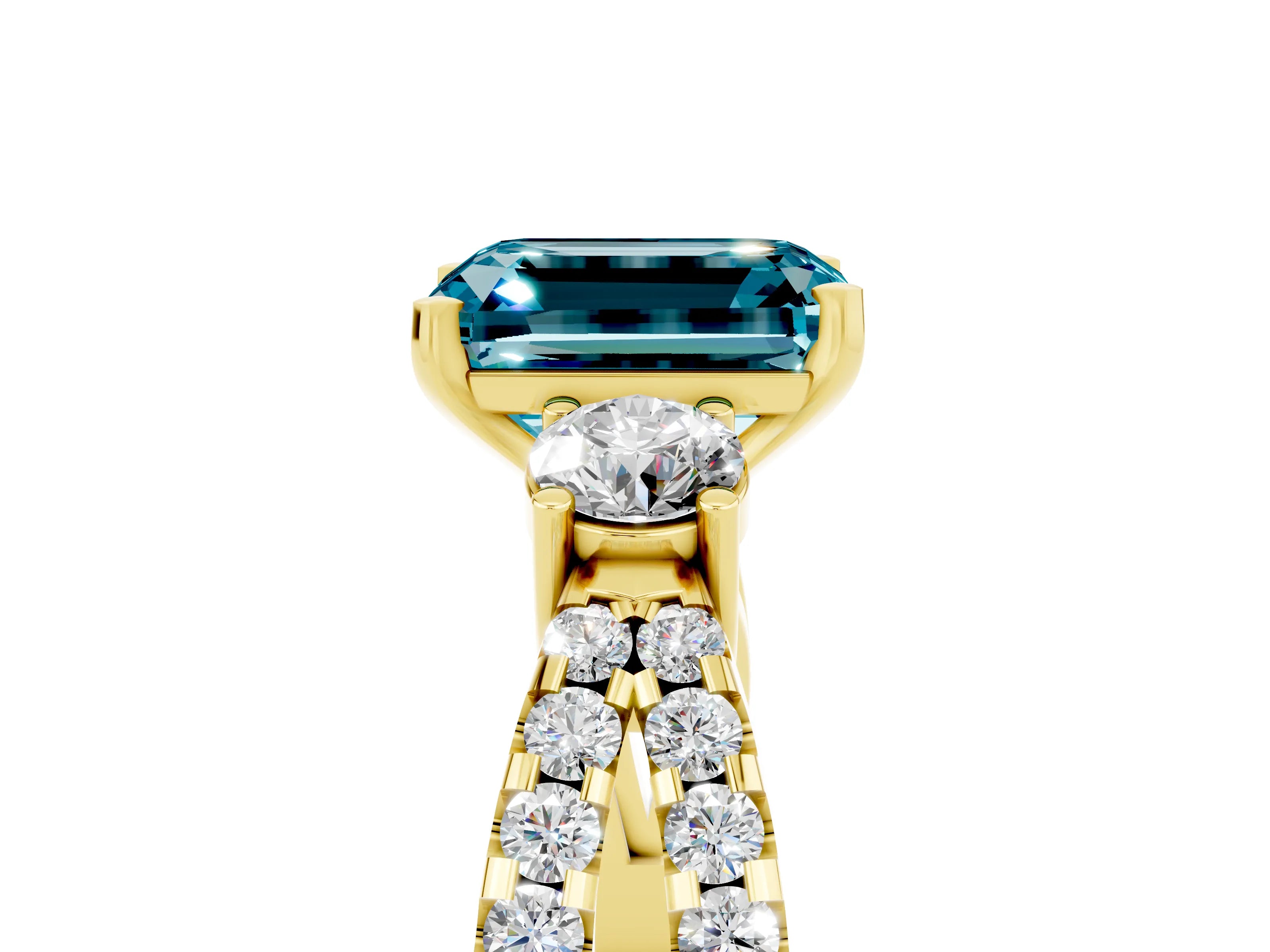 Yellow gold Emerald Cut Blue Topaz Three-Stone Ring with Pavé Split Shank and Four-Prong Setting_5