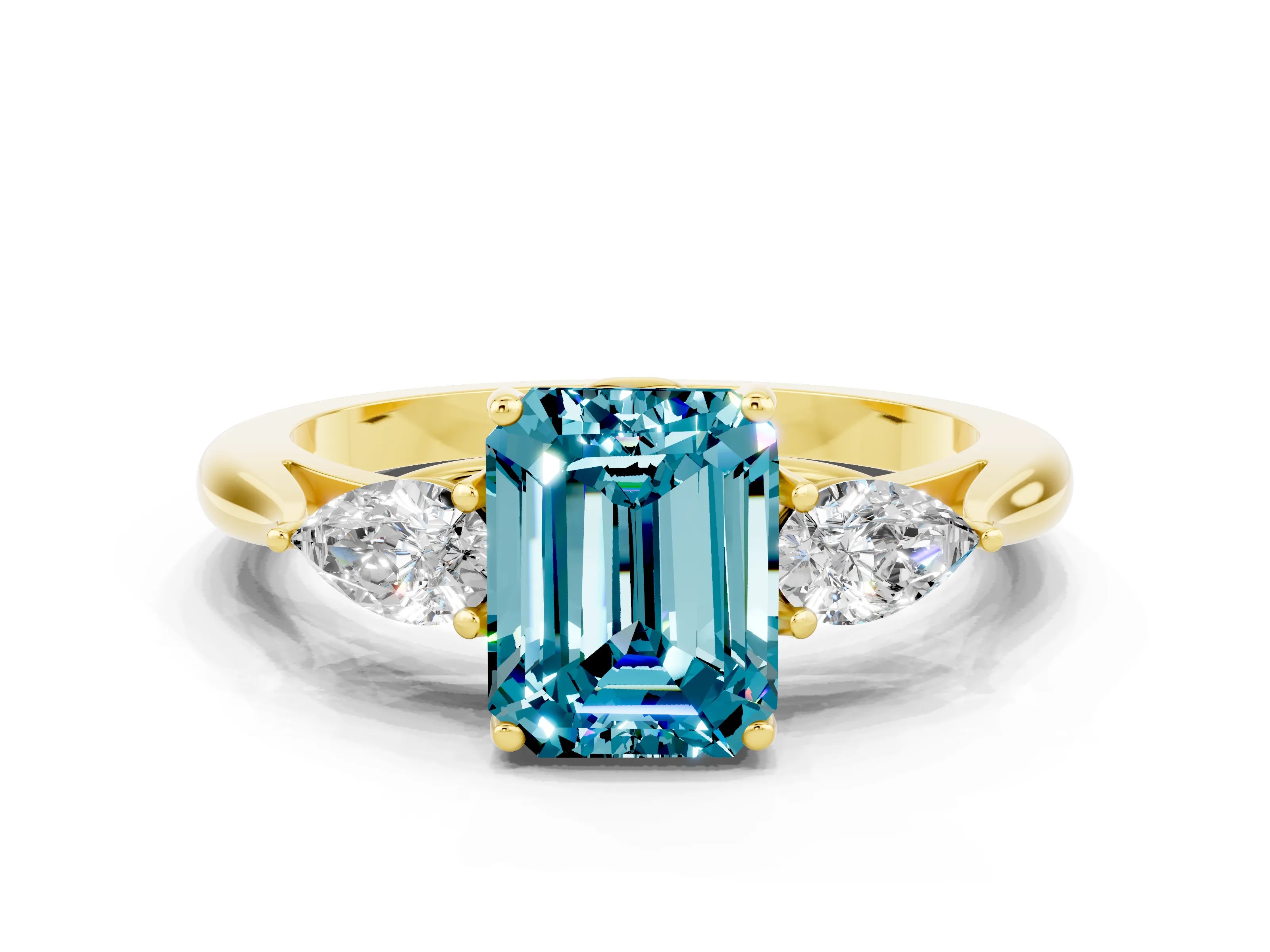 Yellow gold Emerald Cut Blue Topaz Three-Stone Ring with Pear Side Stones and Four-Prong Setting_12