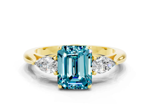 Yellow gold Emerald Cut Blue Topaz Three-Stone Ring with Pear Side Stones and Four-Prong Setting_12