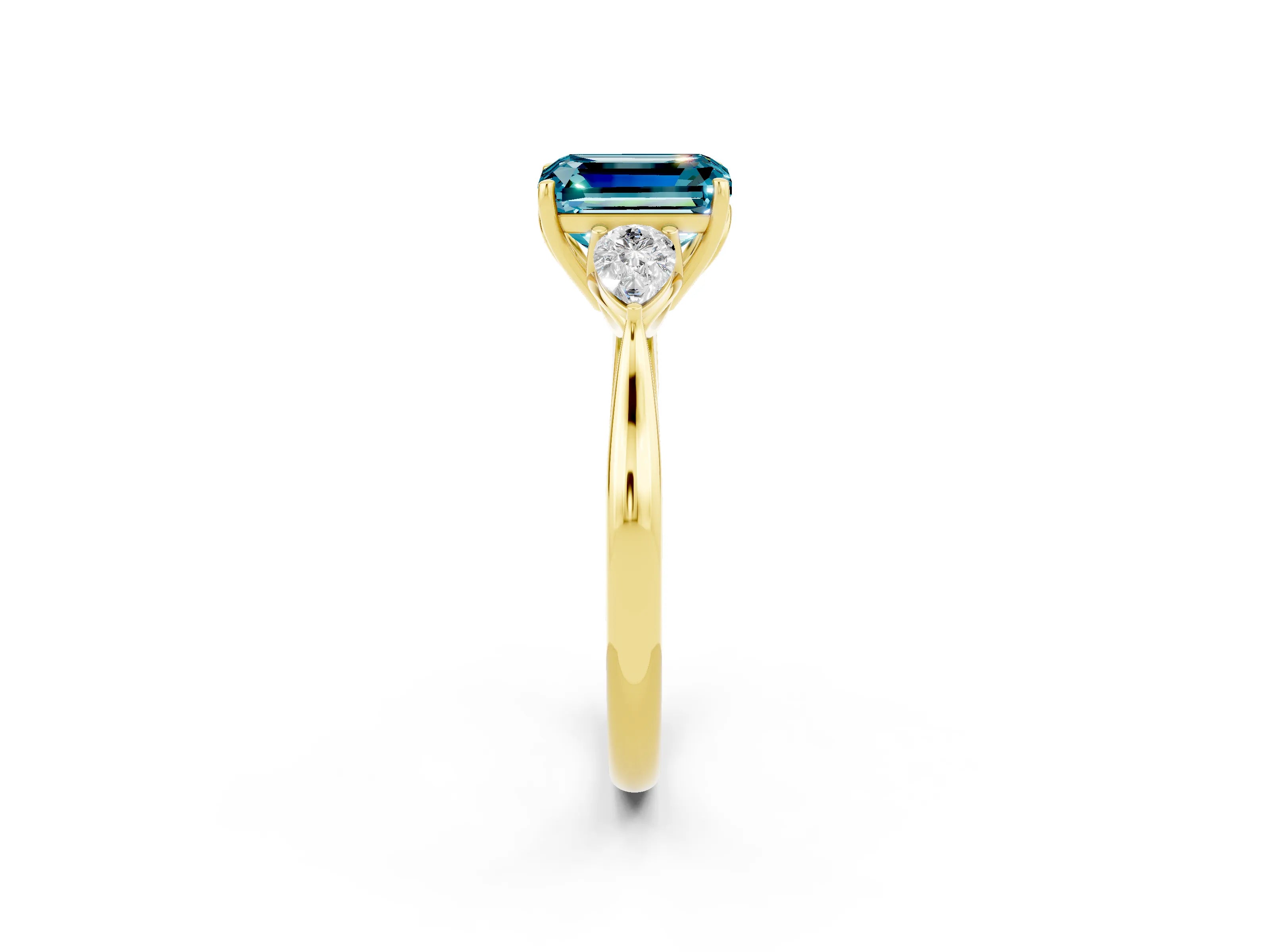 Yellow gold Emerald Cut Blue Topaz Three-Stone Ring with Pear Side Stones and Four-Prong Setting_14