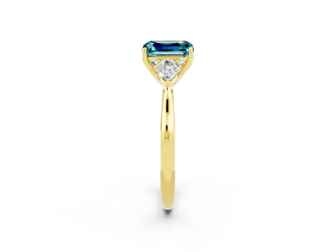 Yellow gold Emerald Cut Blue Topaz Three-Stone Ring with Pear Side Stones and Four-Prong Setting_14