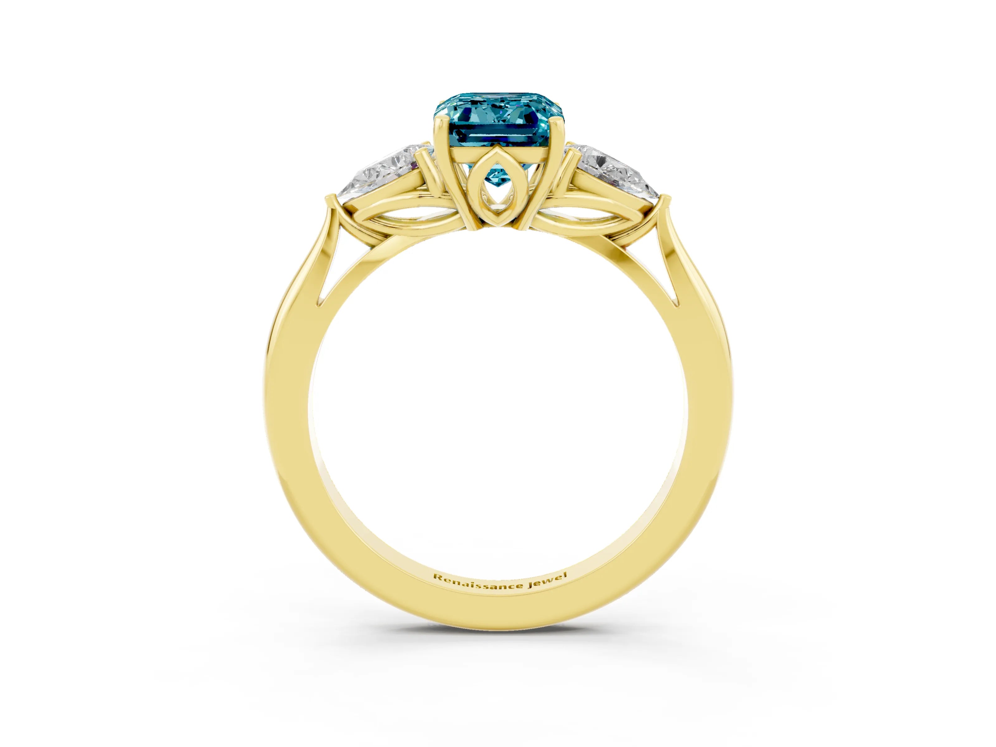 Yellow gold Emerald Cut Blue Topaz Three-Stone Ring with Pear Side Stones and Four-Prong Setting_15