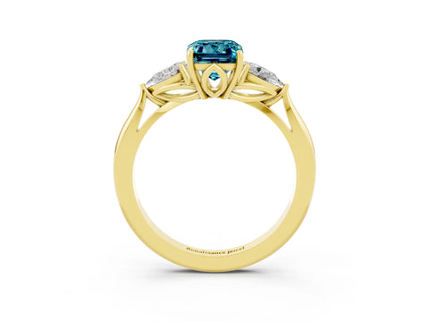 Yellow gold Emerald Cut Blue Topaz Three-Stone Ring with Pear Side Stones and Four-Prong Setting_15