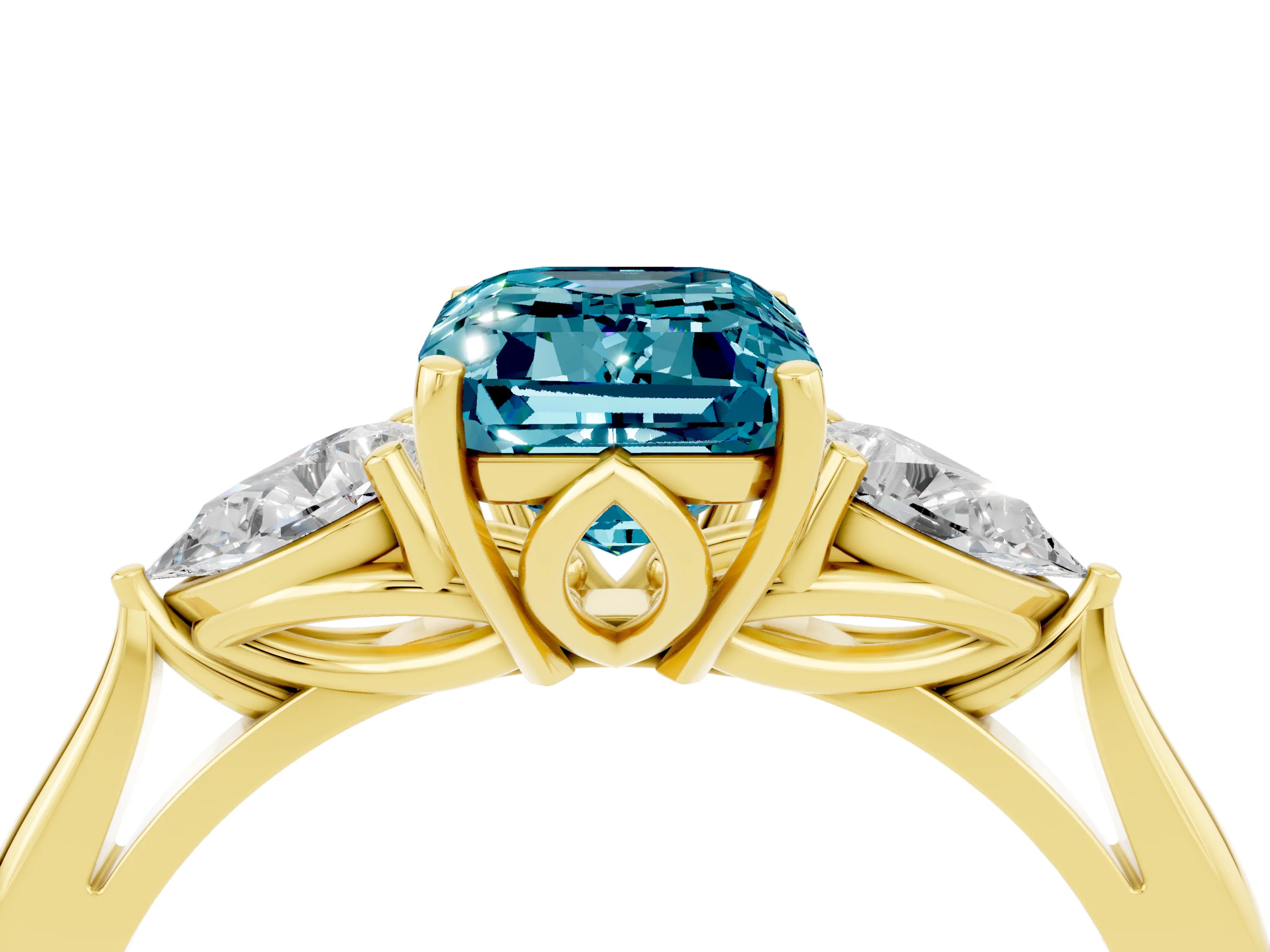Yellow gold Emerald Cut Blue Topaz Three-Stone Ring with Pear Side Stones and Four-Prong Setting_16