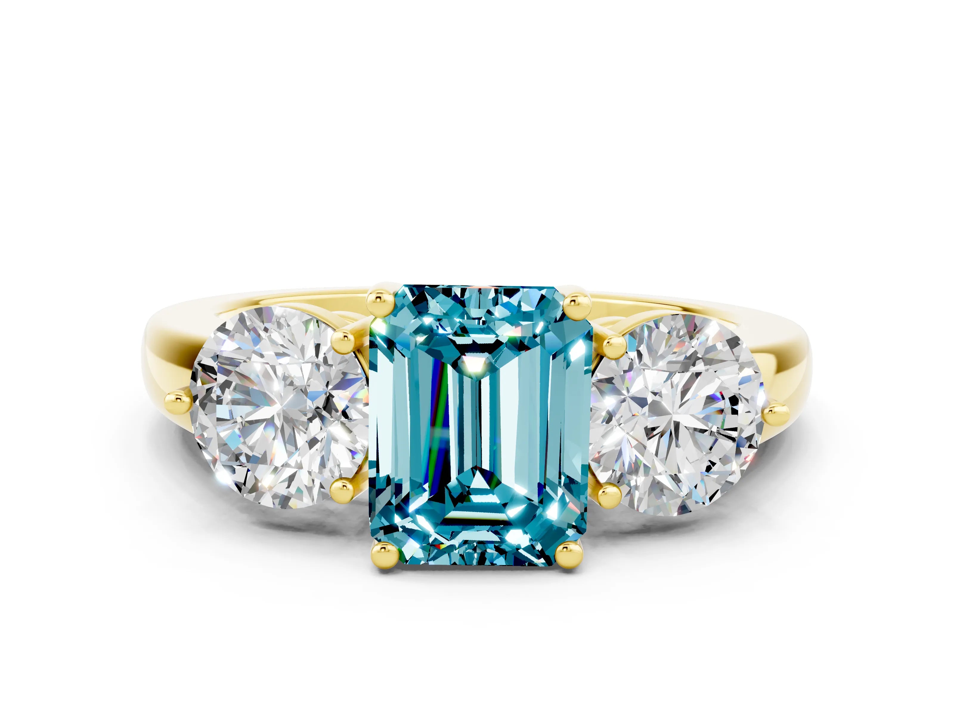 Yellow gold Emerald Cut Blue Topaz Three-Stone Ring with Prong Setting and Classic Band