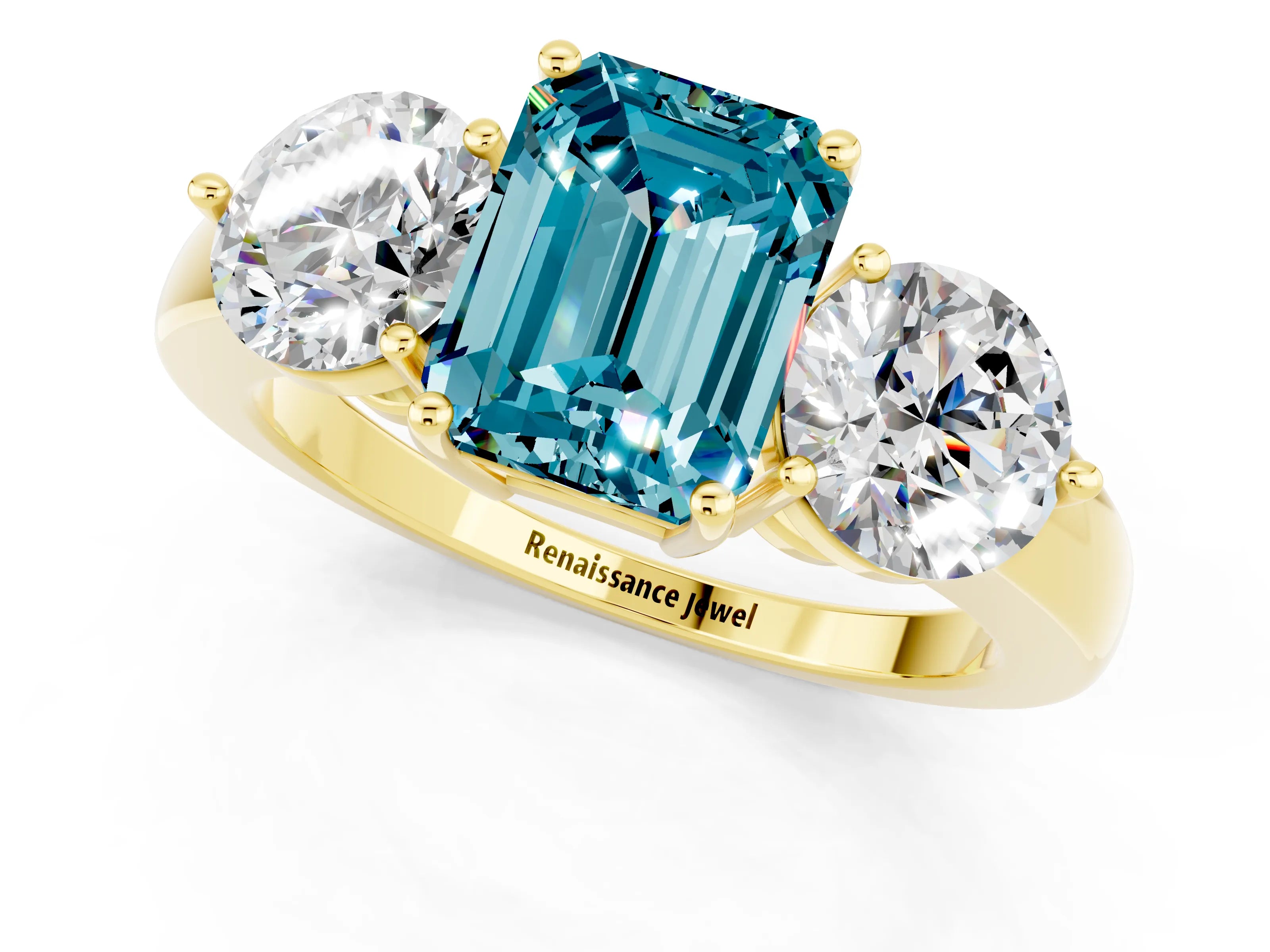Yellow gold Emerald Cut Blue Topaz Three-Stone Ring with Prong Setting and Classic Band_1