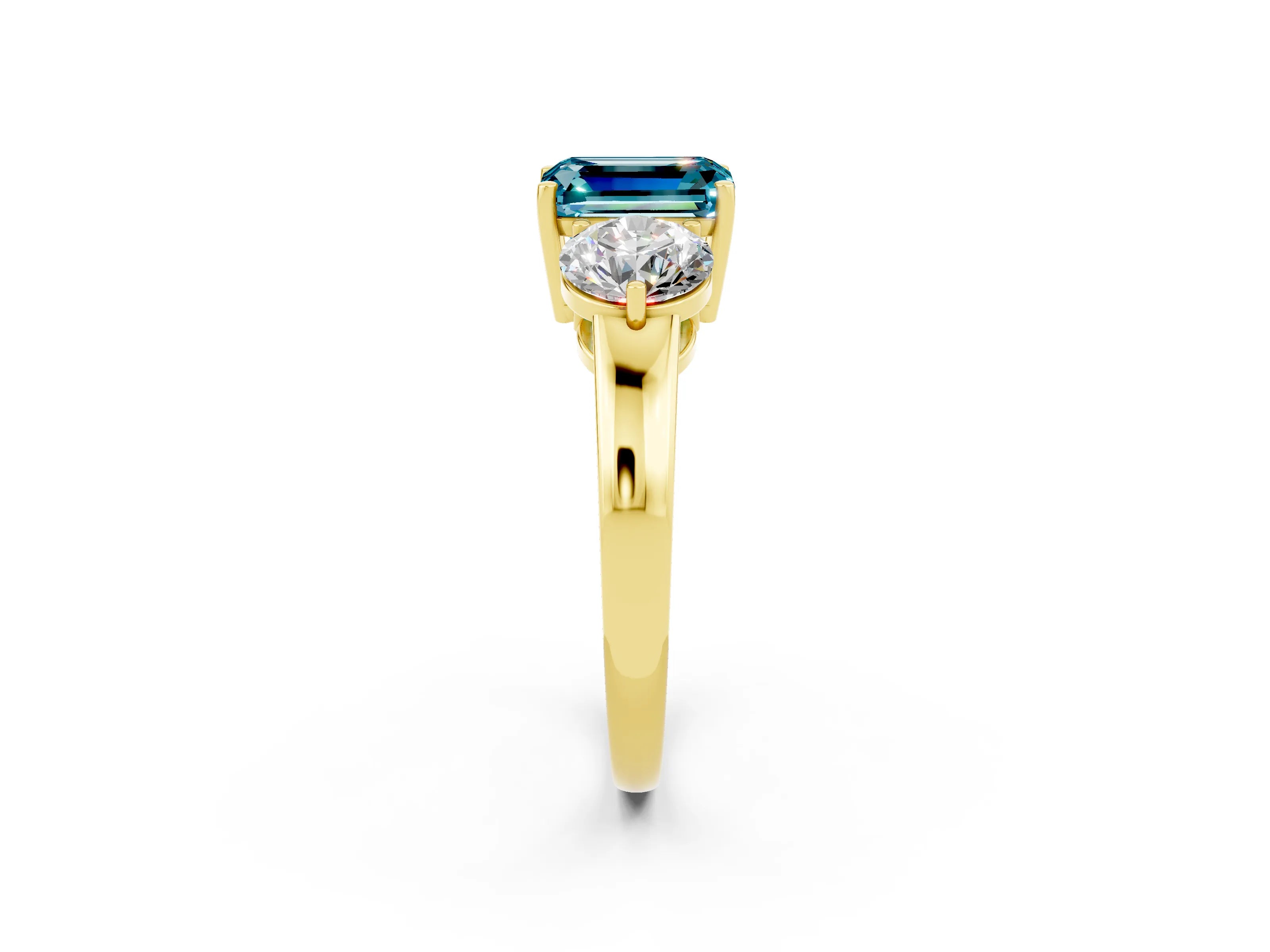 Yellow gold Emerald Cut Blue Topaz Three-Stone Ring with Prong Setting and Classic Band_2