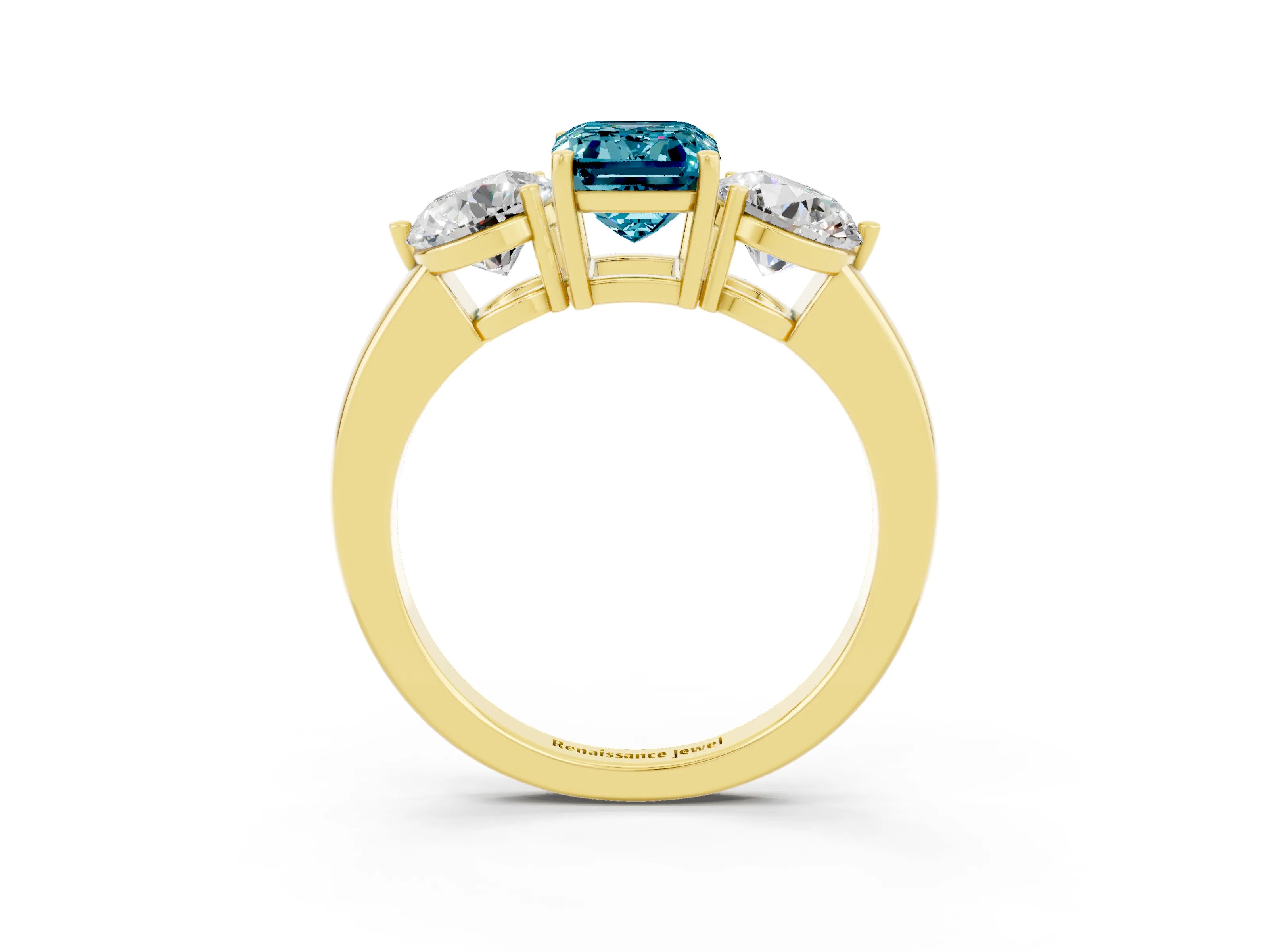 Yellow gold Emerald Cut Blue Topaz Three-Stone Ring with Prong Setting and Classic Band_3