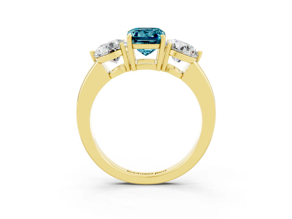 Yellow gold Emerald Cut Blue Topaz Three-Stone Ring with Prong Setting and Classic Band