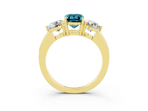 Yellow gold Emerald Cut Blue Topaz Three-Stone Ring with Prong Setting and Classic Band_3