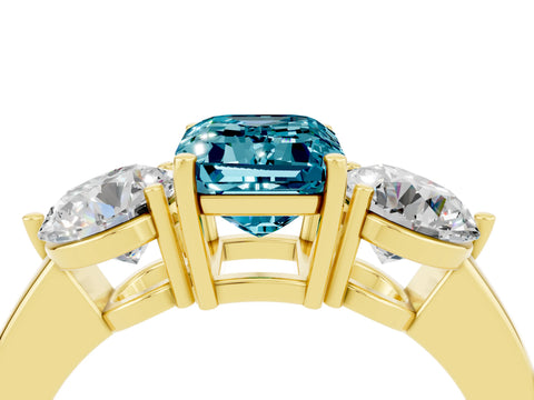 Yellow gold Emerald Cut Blue Topaz Three-Stone Ring with Prong Setting and Classic Band_4
