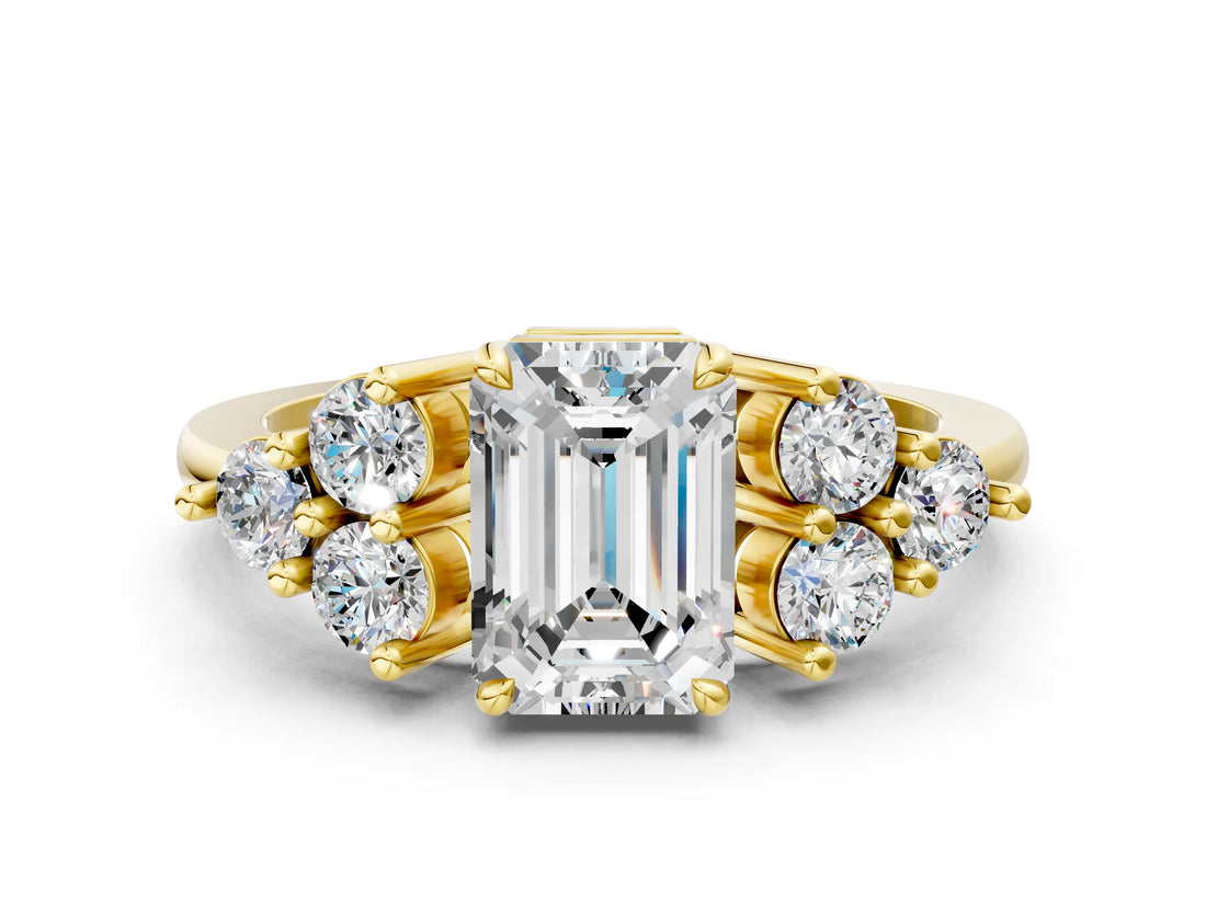 Yellow gold Emerald Cut Brilliant Diamond Cluster Accent Solitaire Ring with Prong Setting_3