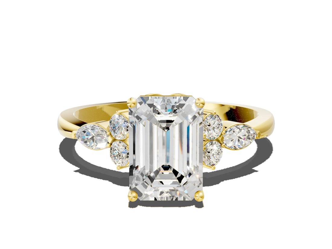 Yellow gold Emerald Cut Brilliant Diamond Solitaire Ring with Pear Side Stones and Four-Prong Setting_3
