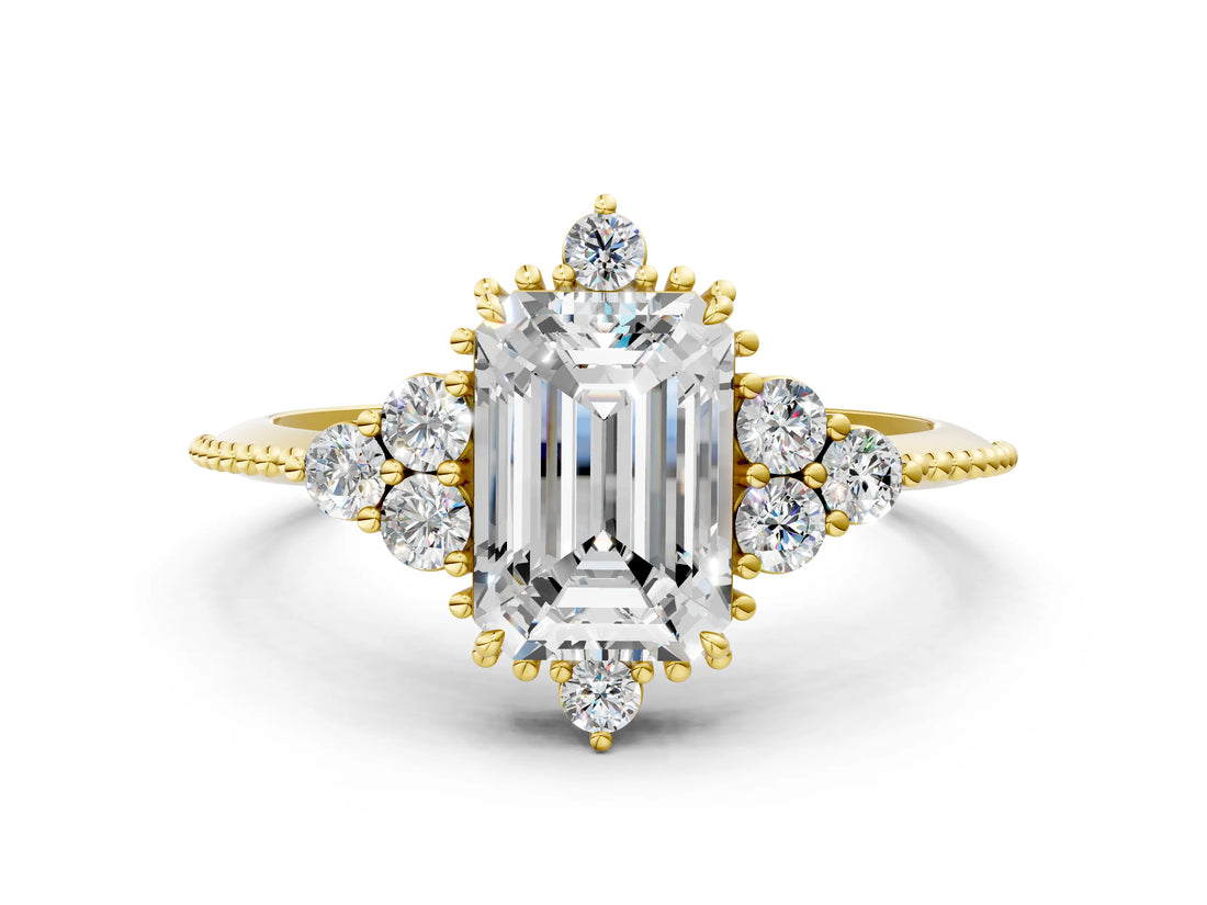 Yellow gold Emerald Cut Brilliant Diamond with Cluster Setting on a Beaded Band and Four-Prong Setting_15