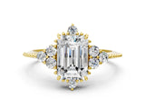 Yellow gold Emerald Cut Brilliant Diamond with Cluster Setting on a Beaded Band and Four-Prong Setting_15