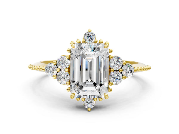 Yellow Gold Emerald Cut Vintage Cluster Engagement Ring Setting with Beaded Band