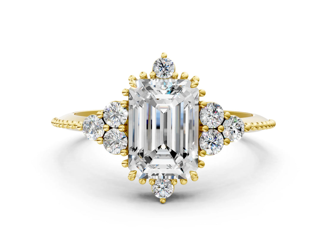 Yellow gold Emerald Cut Brilliant Diamond with Cluster Setting on a Beaded Band and Four-Prong Setting_3