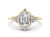 Yellow gold Emerald Cut Brilliant Diamond with Cluster Setting on a Beaded Band and Four-Prong Setting_3