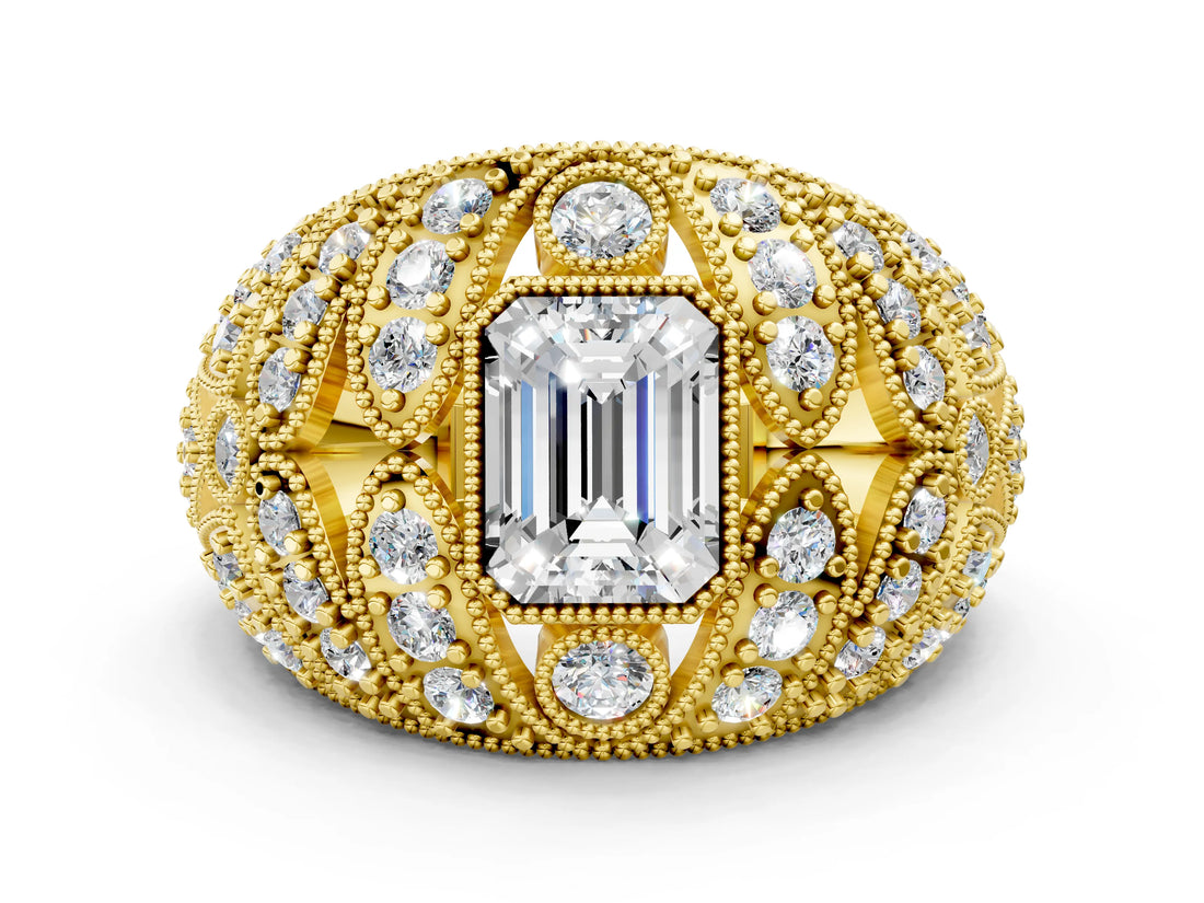 Yellow gold Emerald Cut Brilliant Halo Pave Diamond Milgrain Ring_13