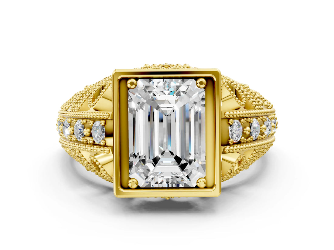 Yellow gold Emerald Cut Brilliant Milgrain Filigree Diamond Ring with Square Prong Setting_15