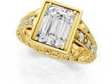 Yellow gold Emerald Cut Brilliant Milgrain Filigree Diamond Ring with Square Prong Setting_16